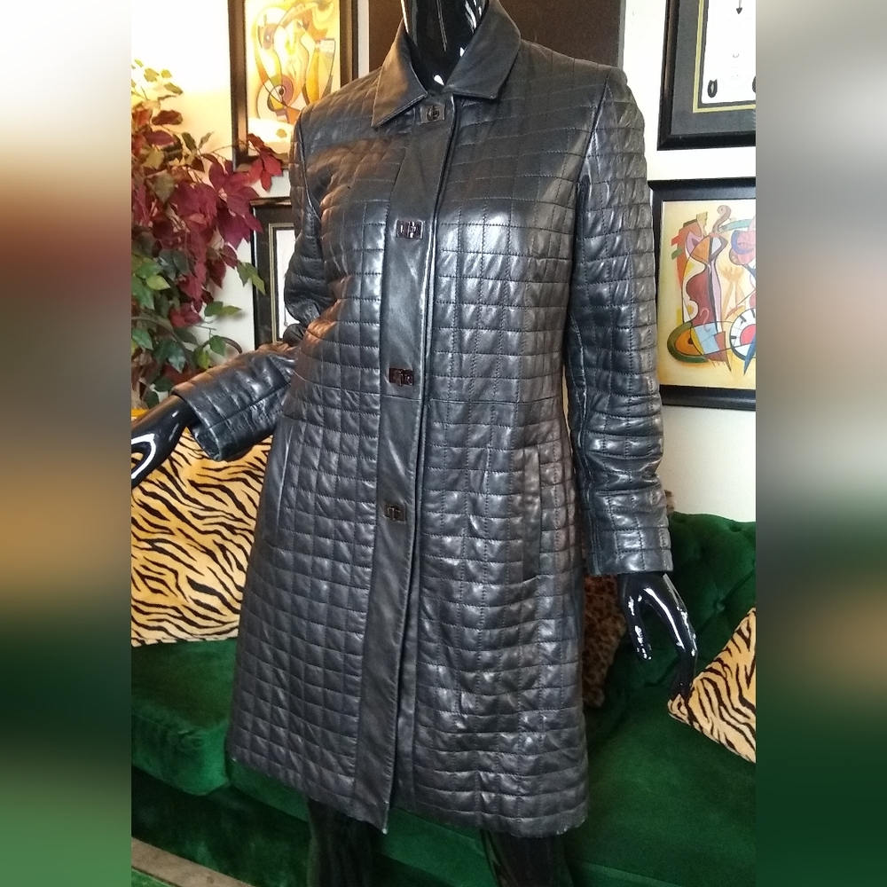 3/4 Length Leather Quilted Twist lock coat